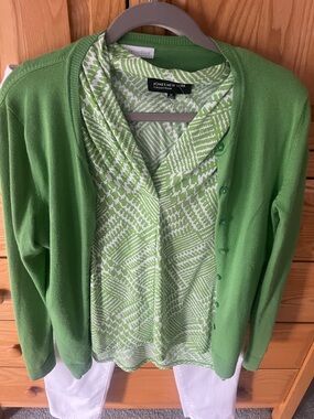 Jones New York Lime Green Patterned Cardigan and Shell Set